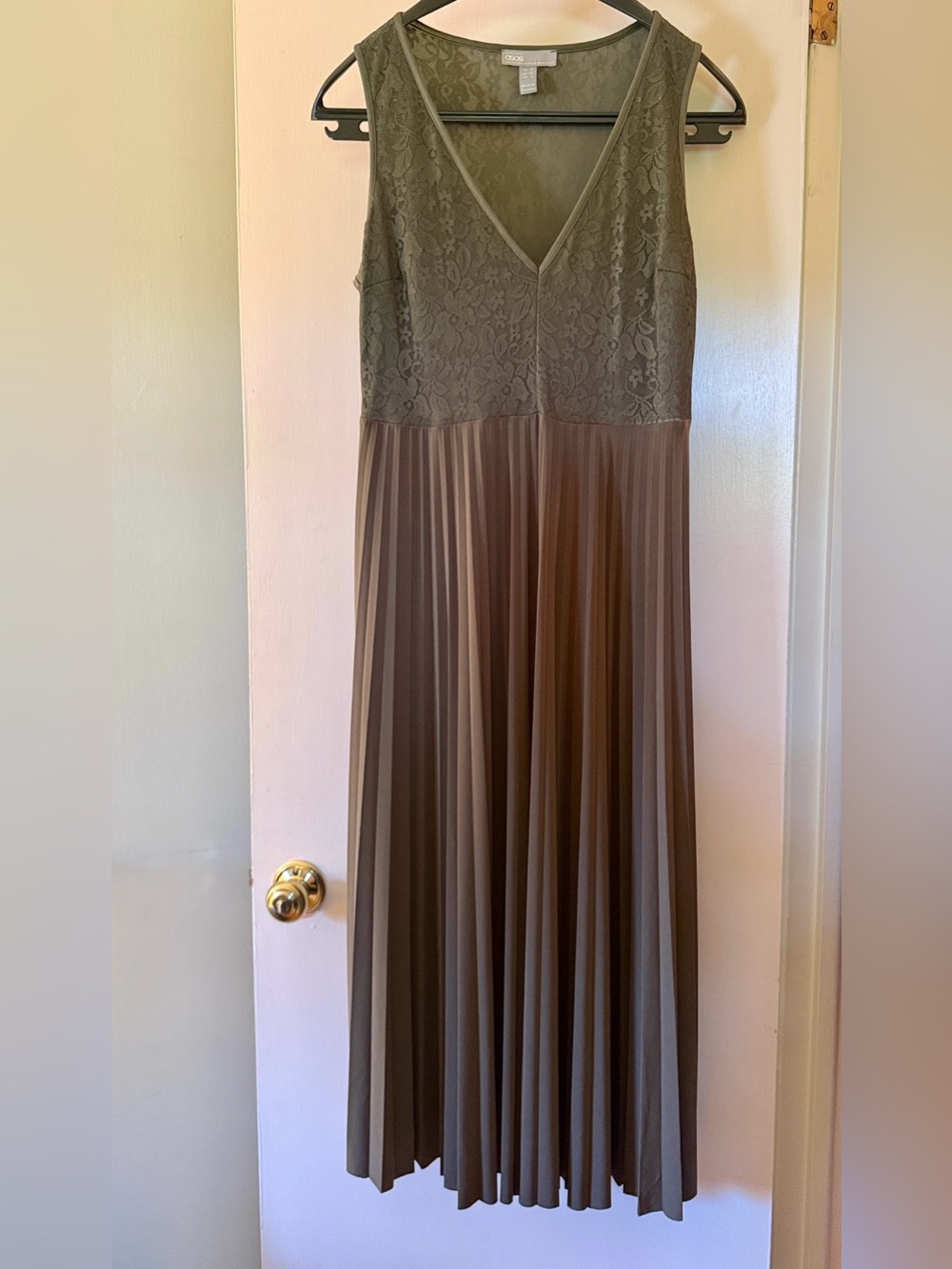 ASOS Olive Green Lace Bodice Pleated Midi Dress